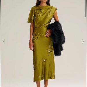 NWT Scanlon Theodore Beaded Satin Draped Dress Elegant Army Olive Green STUNNING